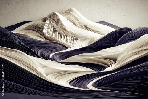 Abstract landscape of layered, flowing forms in cream and dark colors