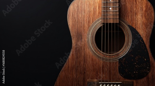 Close-up of a well-worn acoustic guitar's body and soundhole against a dark backdrop, showcasing its rich, dark wood grain and a slightly worn pickguard
