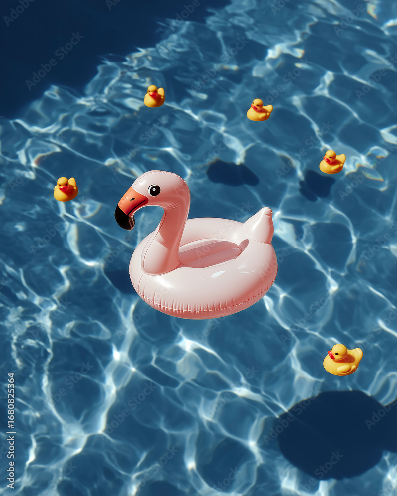Naklejka premium Pink inflatable flamingo float in swimming pool summer holiday lifestyle concept