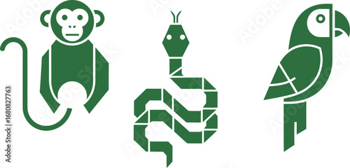 Geometric Monkey, Snake, Parrot Green Animal Icons
