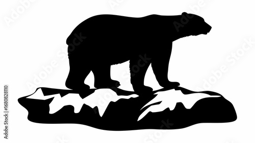 Silhouette of a polar bear standing on an iceberg in a stark black and white minimalist illustration
