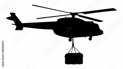 Silhouette of a helicopter carrying a load suspended by cables against a white background in an illustration