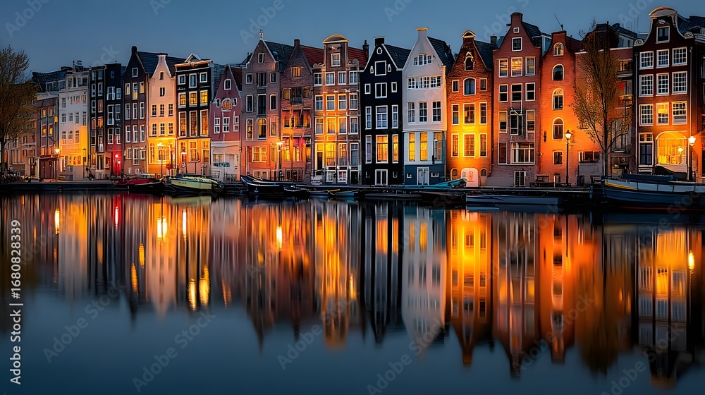 Obraz premium Colorful buildings reflecting in canal at dusk