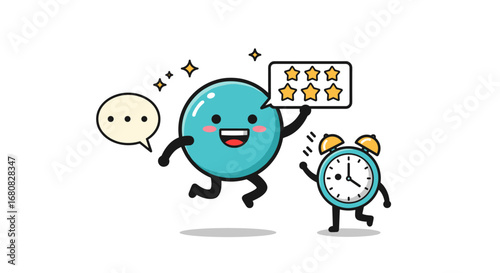Cartoon clock and mascot holding star review board