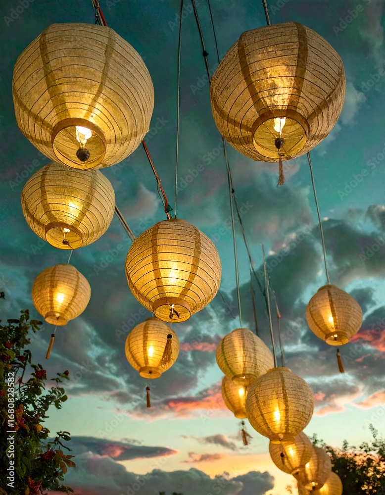 Obraz premium Beautiful glowing paper lanterns hanging outdoors to illuminate the evening sky for a traditional Diwali festival celebration