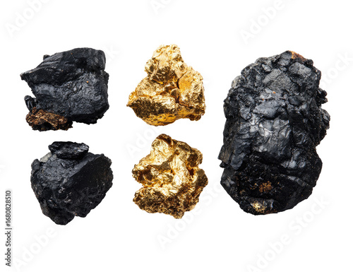 Gold nuggets nestled amidst dark, rough chunks