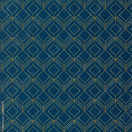 Elegant Gold Art Deco Geometric Pattern: Seamless Navy Blue Background Texture