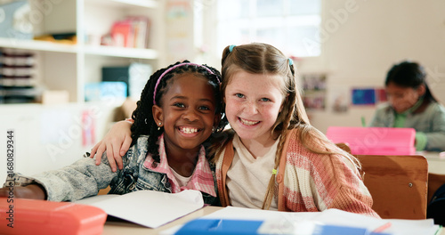 Fotografía Portrait, kids and friends hug for education, support and happiness in elementary school