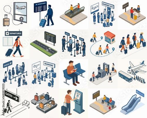 Isometric Detailed Airport Passenger Journey Experience and Facility Illustration