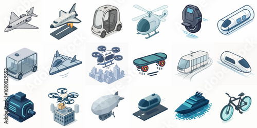 Isometric Pixelated Futuristic Transportation Medium Icon Set for Urban Mobility
