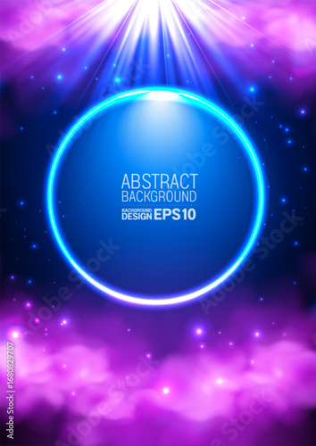 Luxury modern neon circle background with top light, pink purple clouds on blue background, glowing sphere effect, abstract wallpaper design for banner poster template, heaven concept, not AI