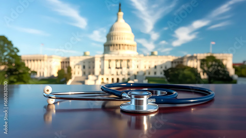 Healthcare in America concept with stethoscope in front of US Capitol Building scene