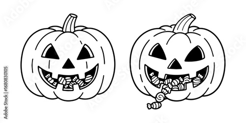 coloring page Jack o lantern pumpkin filled with candy, Halloween trick or treat