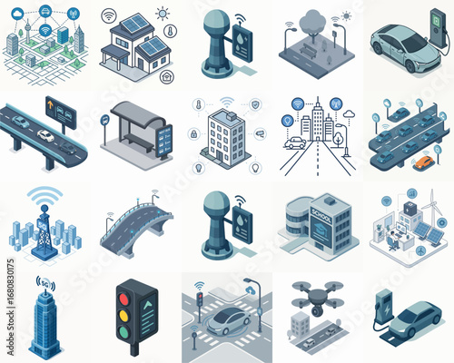 Isometric Detailed Smart City Infrastructure Element Icon Set Collection