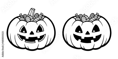 coloring pagr Jack o lantern pumpkin filled with candy, Halloween trick or treat