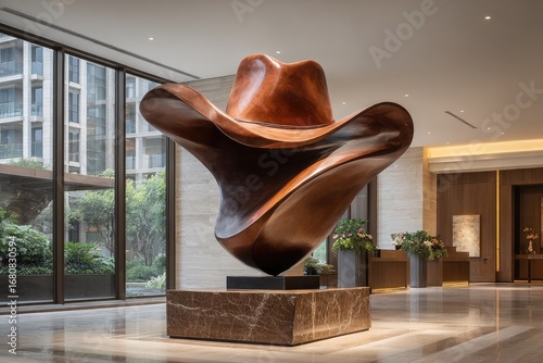 Abstract cowboy hat sculpture in a modern lobby