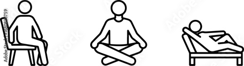 Meditating, relaxing, and sitting icons representing calm, wellness, and peaceful moments for design