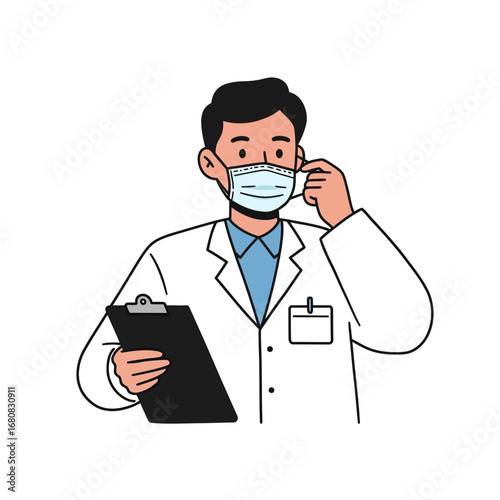 Cartoon Doctor Adjusting Mask Holding Clipboard Wearing Lab Coat.
