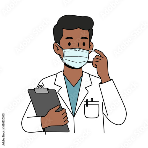 Cartoon doctor adjusting surgical mask holding clipboard wearing white coat.