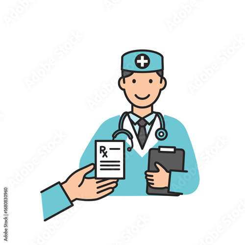 Cartoon Doctor Handing Prescription with Stethoscope and Clipboard.