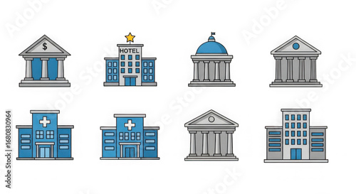 Building Icons Bank Hotel Government Hospital
