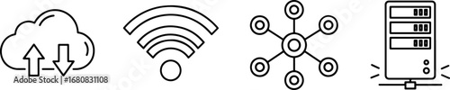 Digital cloud, Wi-Fi, network, and server icons symbolize connectivity and data transfer for modern tech