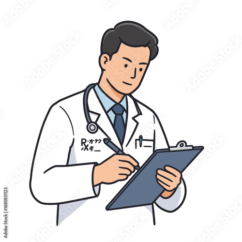Cartoon doctor in white coat writing on clipboard wearing stethoscope professional attire.