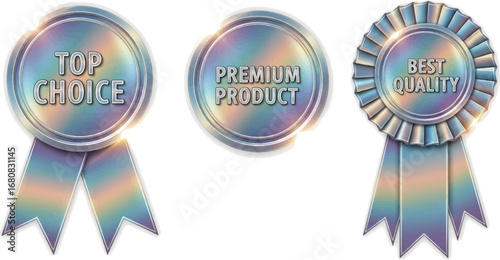 Elegant holographic rosettes showcasing top choice, premium product, and best quality for awards