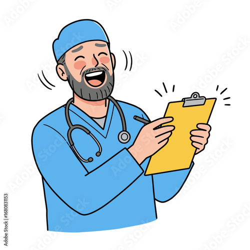 Cartoon Doctor Laughing with Clipboard and Stethoscope Wearing Blue Scrubs and Cap.