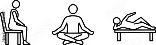 Simple line art illustrations of people in different relaxation and wellness poses for health.