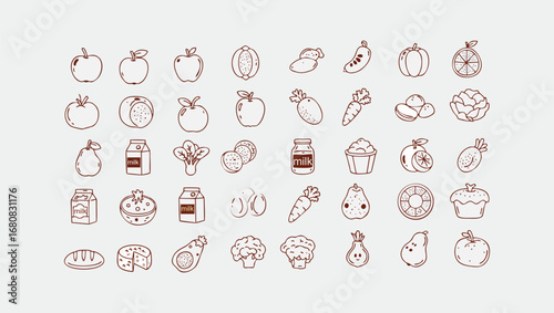  Stylized food illustrations in minimalist outline format, showcasing diverse ingredients from fruits to proteins