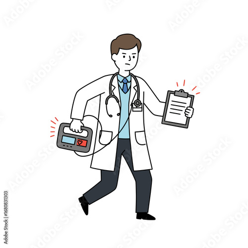 Cartoon Doctor Rushing with Defibrillator and Clipboard Wearing White Coat and Stethoscope.