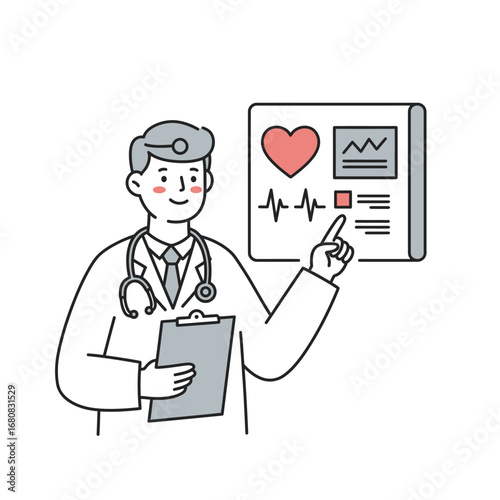Cartoon doctor with clipboard pointing at heart rate monitor display.