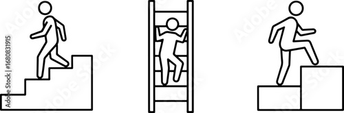 Ascend to success with determination, climbing ladders and stairs, modern lifestyle achievement icon