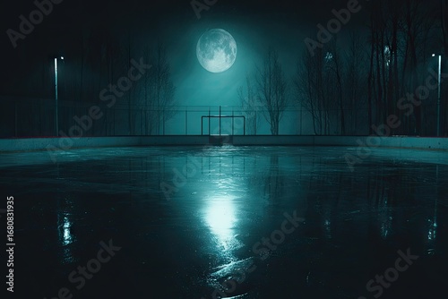 Empty ice hockey rink at night under a full moon