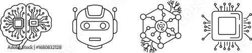 AI and machine learning icons representing neural networks, robots, and processors for technology concepts