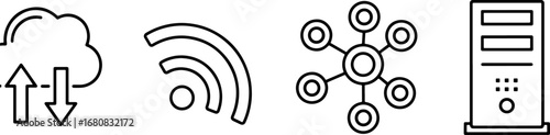Digital connectivity symbols including cloud download upload Wi-Fi network hub and server data center technology