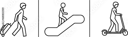 Modern mobility icons show person with luggage, escalator use, and electric scooter riding for urban travel.
