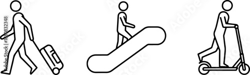 Travel and Commuting Icons: Suitcase, Escalator, and Scooter Representing Modern Mobility