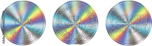 Holographic badges for premium products, original quality, and best value to attract buyers