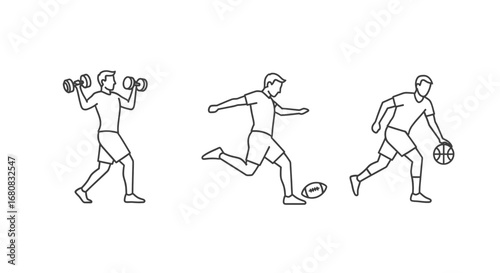 Athlete in action: Weightlifting, football kick, and basketball dribble in dynamic outline form