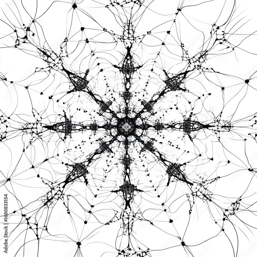 Fototapeta premium Organic black line mesh forming a snowflake pattern, isolated on white