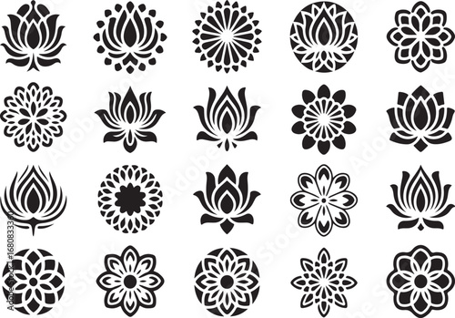 Set of black silhouette lotus flowers and mandala patterns on white floral