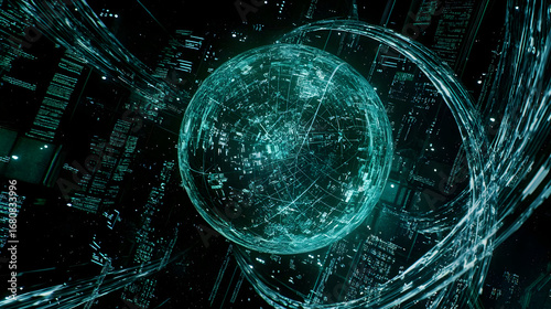 Abstract Glowing Teal Sphere In Dark Background
