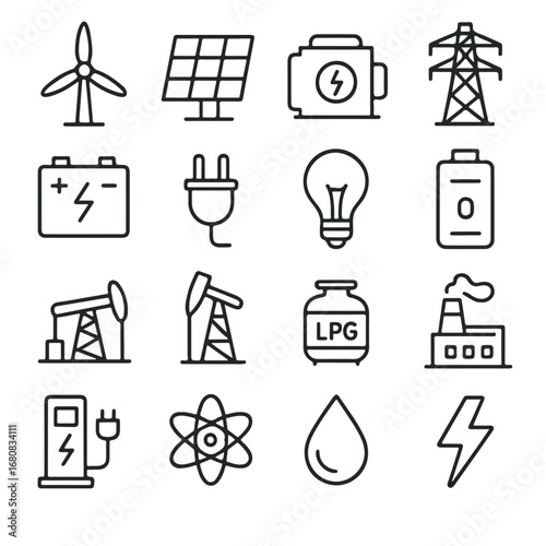 Energy and Power Generation Thin Line Icon Set.