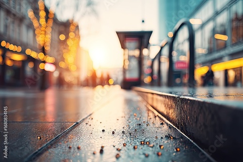 Fototapeta Naklejka Na Ścianę i Meble -  Urban street scene at sunset. Blurry city sidewalk, warm light