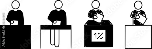 Voting process icon: four voters at individual booths with central ballot box. Vector icon design
