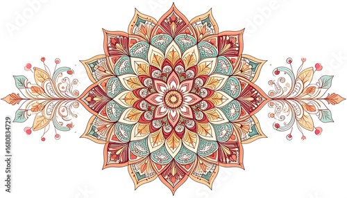 A symmetrical mandala design displays a colorful floral pattern, featuring intricate details and a balanced composition.