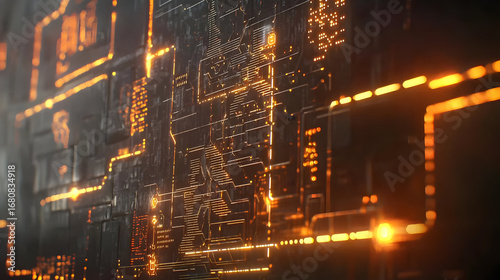 Abstract Futuristic Circuit Board Design With Glowing Orange Lines