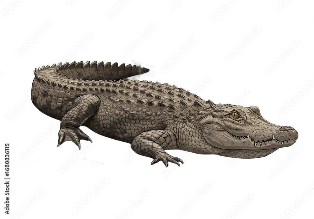 Naklejka premium Realistic illustration of a powerful crocodile with detailed scales and captivating gaze on white